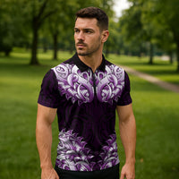 New Zealand Ta Moko Zipper Polo Shirt Aotearoa Maori Chest Tattoo Purple