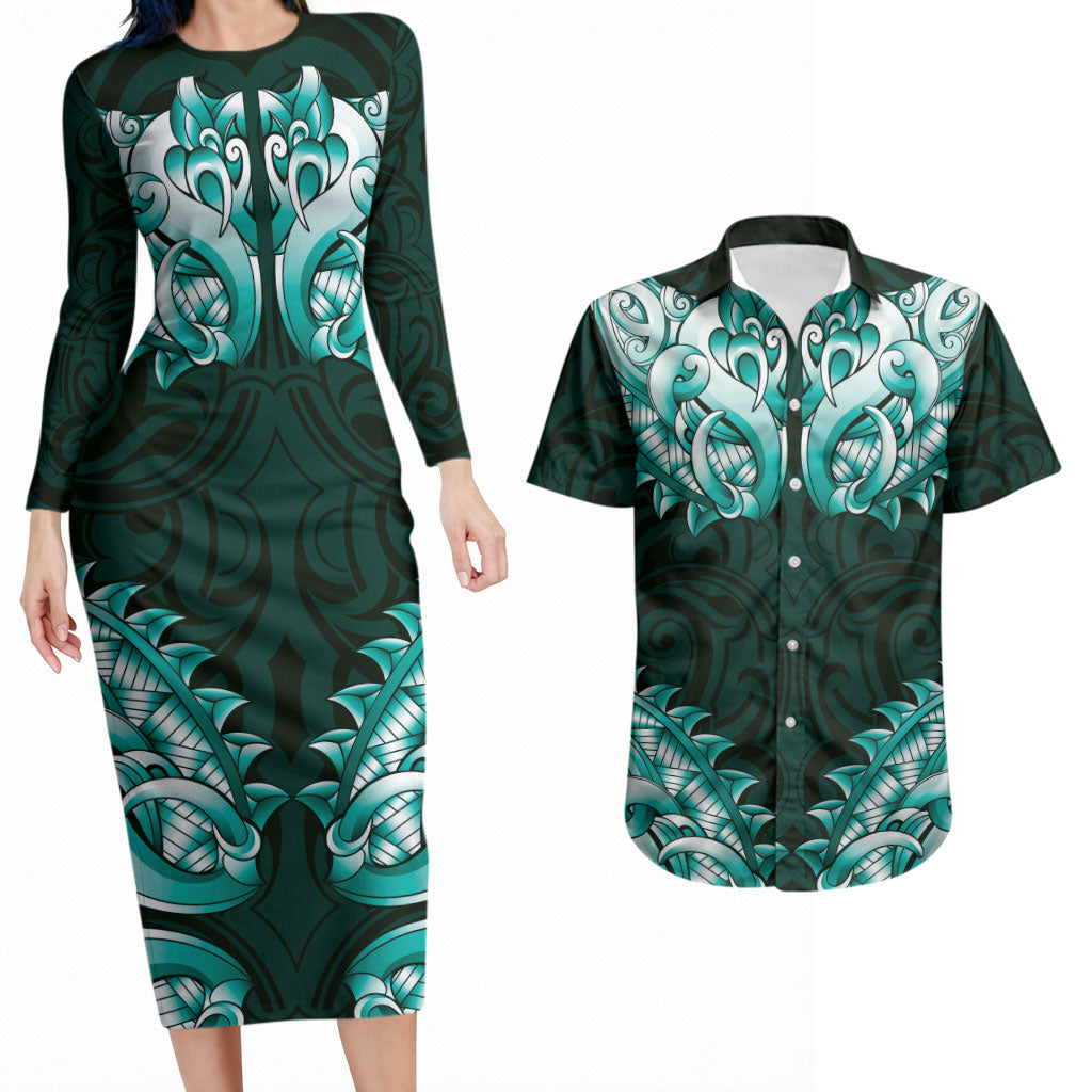New Zealand Ta Moko Couples Matching Long Sleeve Bodycon Dress and Hawaiian Shirt Aotearoa Maori Chest Tattoo Turquoise