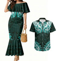 New Zealand Ta Moko Couples Matching Mermaid Dress and Hawaiian Shirt Aotearoa Maori Chest Tattoo Turquoise