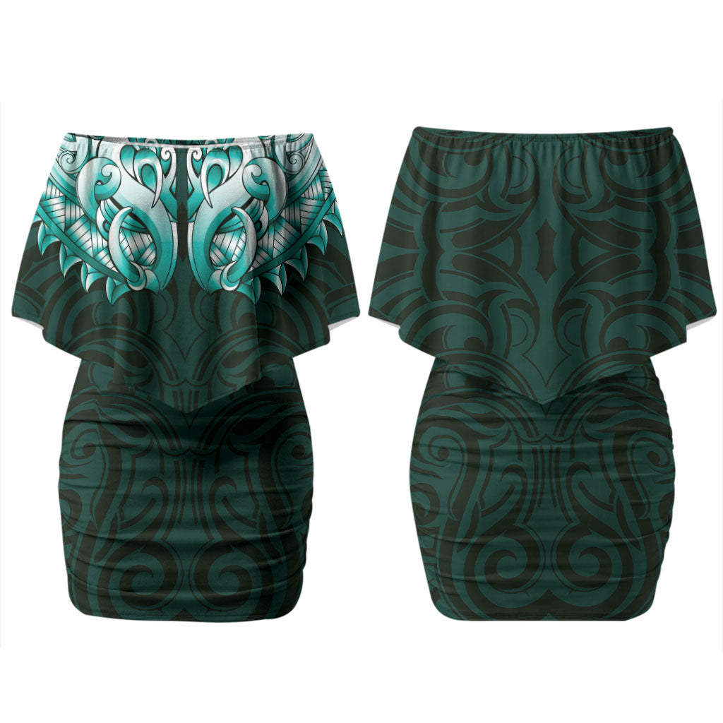 New Zealand Ta Moko Couples Matching Off Shoulder Short Dress and Hawaiian Shirt Aotearoa Maori Chest Tattoo Turquoise
