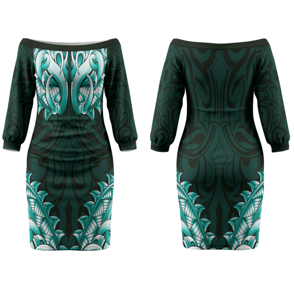 New Zealand Ta Moko Couples Matching Off The Shoulder Long Sleeve Dress and Hawaiian Shirt Aotearoa Maori Chest Tattoo Turquoise