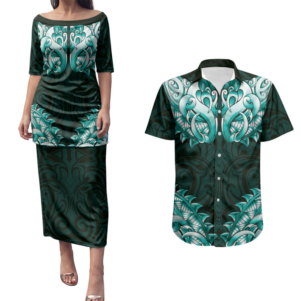 New Zealand Ta Moko Couples Matching Puletasi and Hawaiian Shirt Aotearoa Maori Chest Tattoo Turquoise