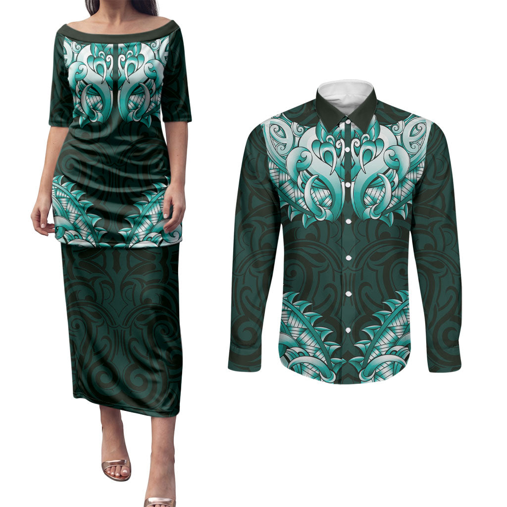 New Zealand Ta Moko Couples Matching Puletasi and Long Sleeve Button Shirt Aotearoa Maori Chest Tattoo Turquoise