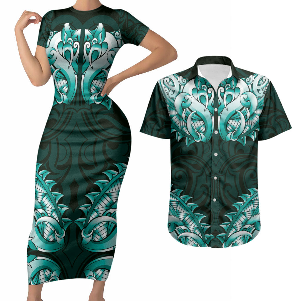 New Zealand Ta Moko Couples Matching Short Sleeve Bodycon Dress and Hawaiian Shirt Aotearoa Maori Chest Tattoo Turquoise LT14 Turquoise - Polynesian Pride