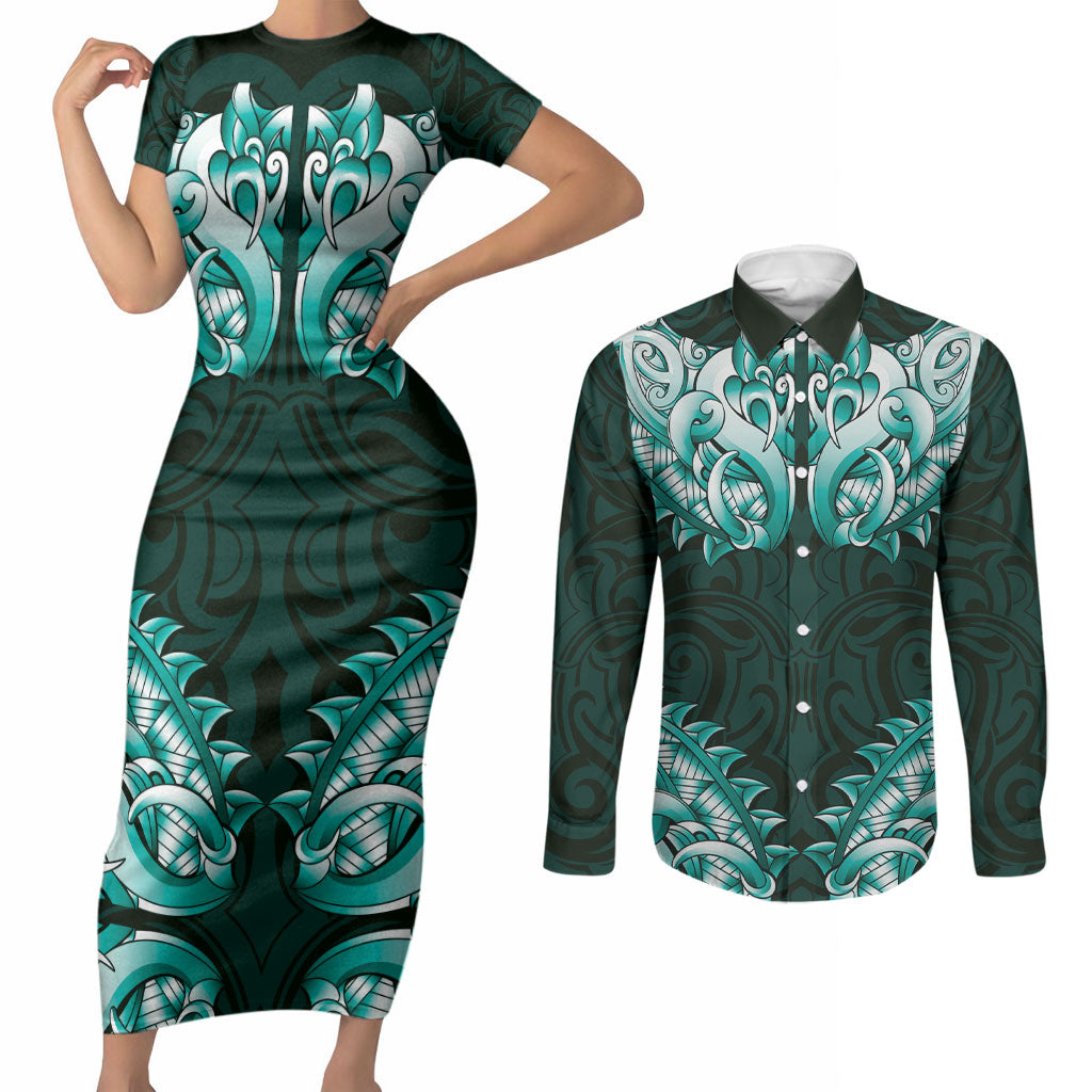 New Zealand Ta Moko Couples Matching Short Sleeve Bodycon Dress and Long Sleeve Button Shirt Aotearoa Maori Chest Tattoo Turquoise