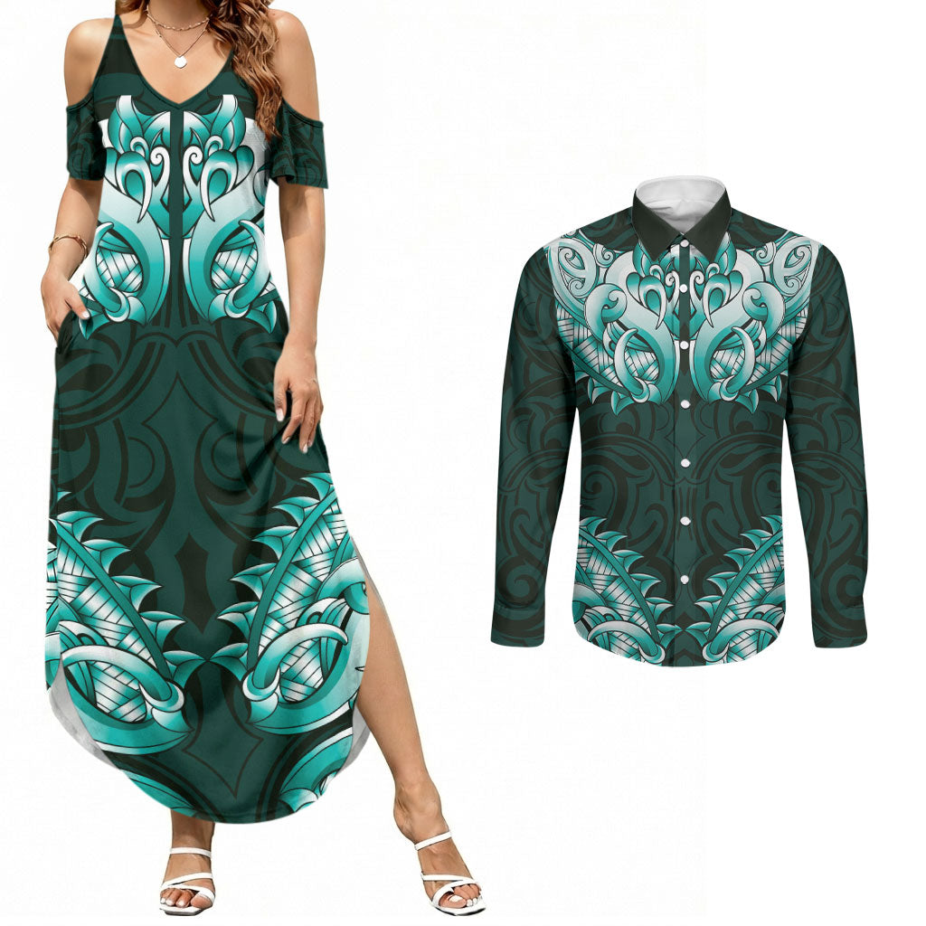 New Zealand Ta Moko Couples Matching Summer Maxi Dress and Long Sleeve Button Shirt Aotearoa Maori Chest Tattoo Turquoise