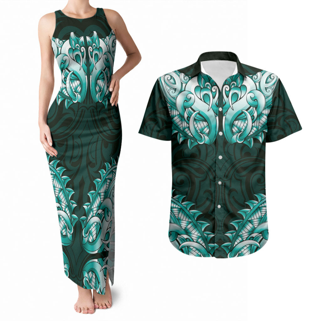 New Zealand Ta Moko Couples Matching Tank Maxi Dress and Hawaiian Shirt Aotearoa Maori Chest Tattoo Turquoise LT14 Turquoise - Polynesian Pride