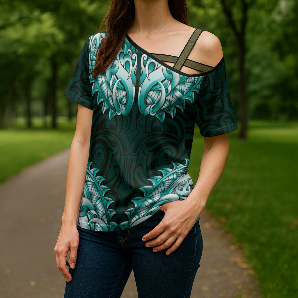 New Zealand Ta Moko Cross Shoulder Shirt Aotearoa Maori Chest Tattoo Turquoise