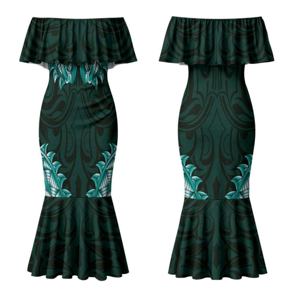 New Zealand Ta Moko Family Matching Mermaid Dress and Hawaiian Shirt Aotearoa Maori Chest Tattoo Turquoise