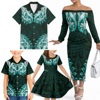 New Zealand Ta Moko Family Matching Off The Shoulder Long Sleeve Dress and Hawaiian Shirt Aotearoa Maori Chest Tattoo Turquoise