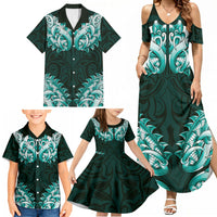 New Zealand Ta Moko Family Matching Summer Maxi Dress and Hawaiian Shirt Aotearoa Maori Chest Tattoo Turquoise