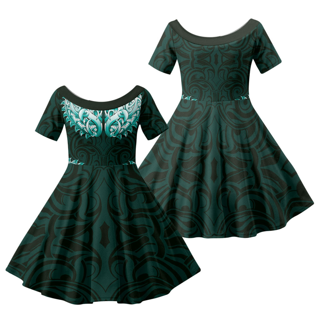 New Zealand Ta Moko Family Matching Tank Maxi Dress and Hawaiian Shirt Aotearoa Maori Chest Tattoo Turquoise