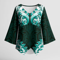New Zealand Ta Moko Kimono Sleeve Blouse Aotearoa Maori Chest Tattoo Turquoise