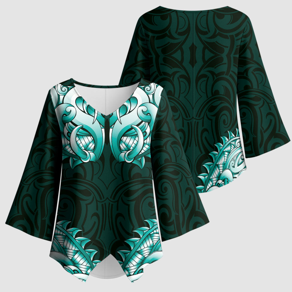 New Zealand Ta Moko Kimono Sleeve Blouse Aotearoa Maori Chest Tattoo Turquoise