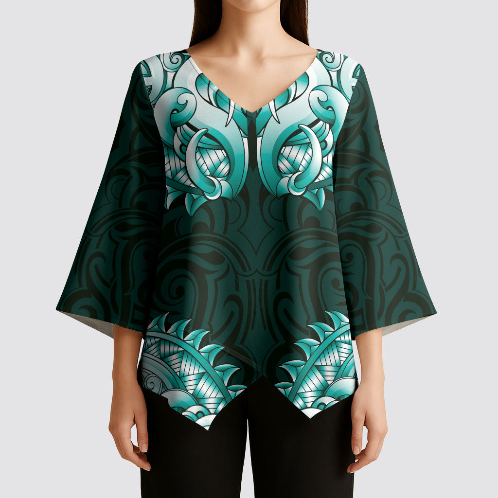 New Zealand Ta Moko Kimono Sleeve Blouse Aotearoa Maori Chest Tattoo Turquoise