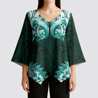 New Zealand Ta Moko Kimono Sleeve Blouse Aotearoa Maori Chest Tattoo Turquoise
