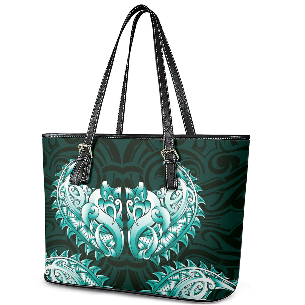 New Zealand Ta Moko Leather Tote Bag Aotearoa Maori Chest Tattoo Turquoise