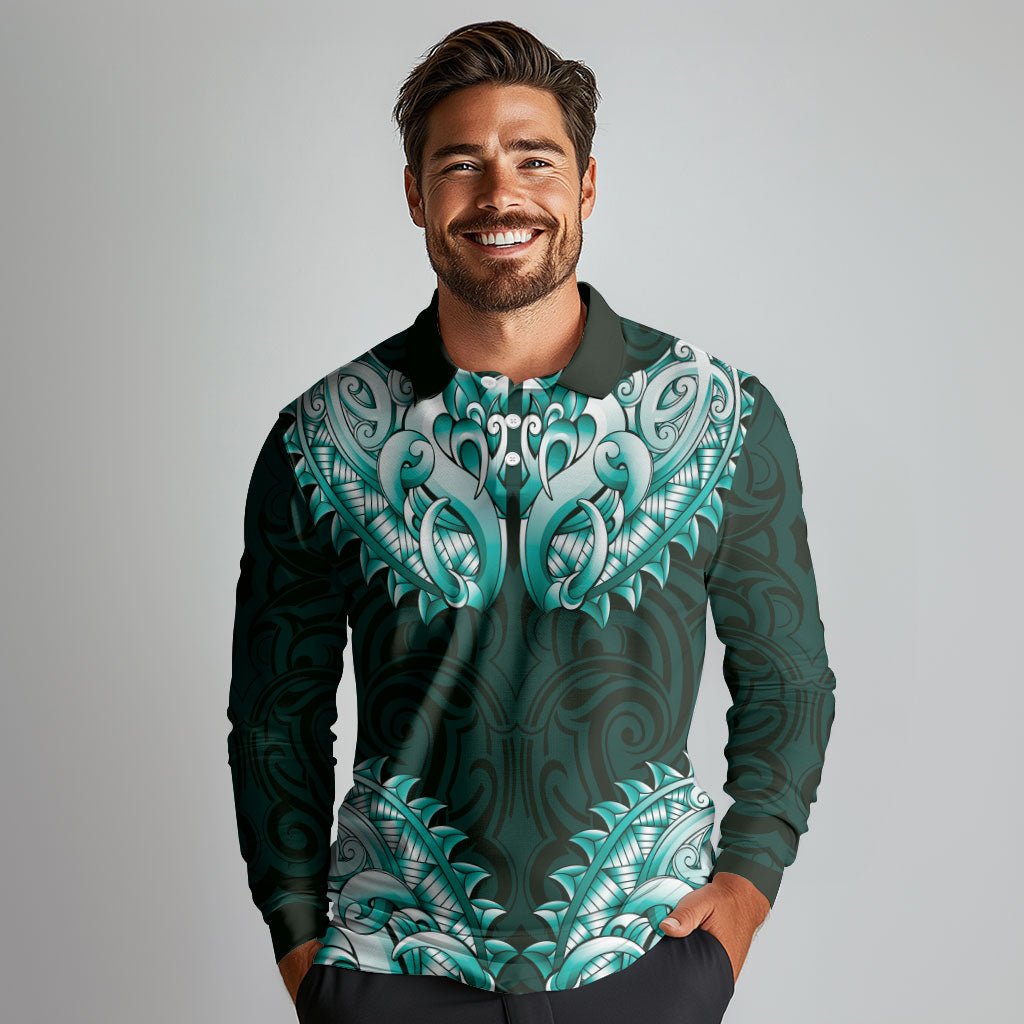 New Zealand Ta Moko Long Sleeve Polo Shirt Aotearoa Maori Chest Tattoo Turquoise