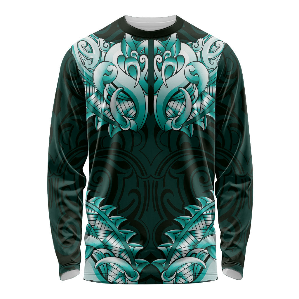New Zealand Ta Moko Long Sleeve Shirt Aotearoa Maori Chest Tattoo Turquoise