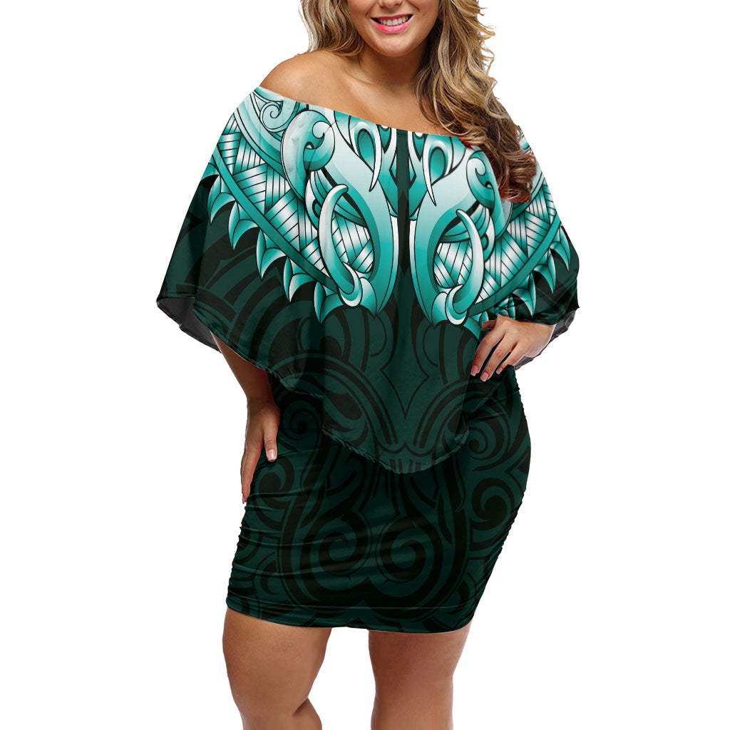 New Zealand Ta Moko Off Shoulder Short Dress Aotearoa Maori Chest Tattoo Turquoise