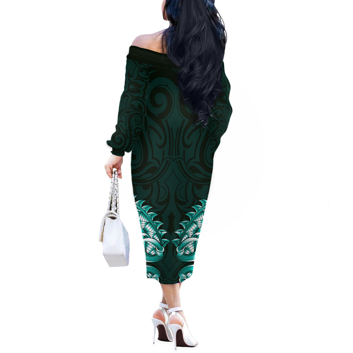New Zealand Ta Moko Off The Shoulder Long Sleeve Dress Aotearoa Maori Chest Tattoo Turquoise