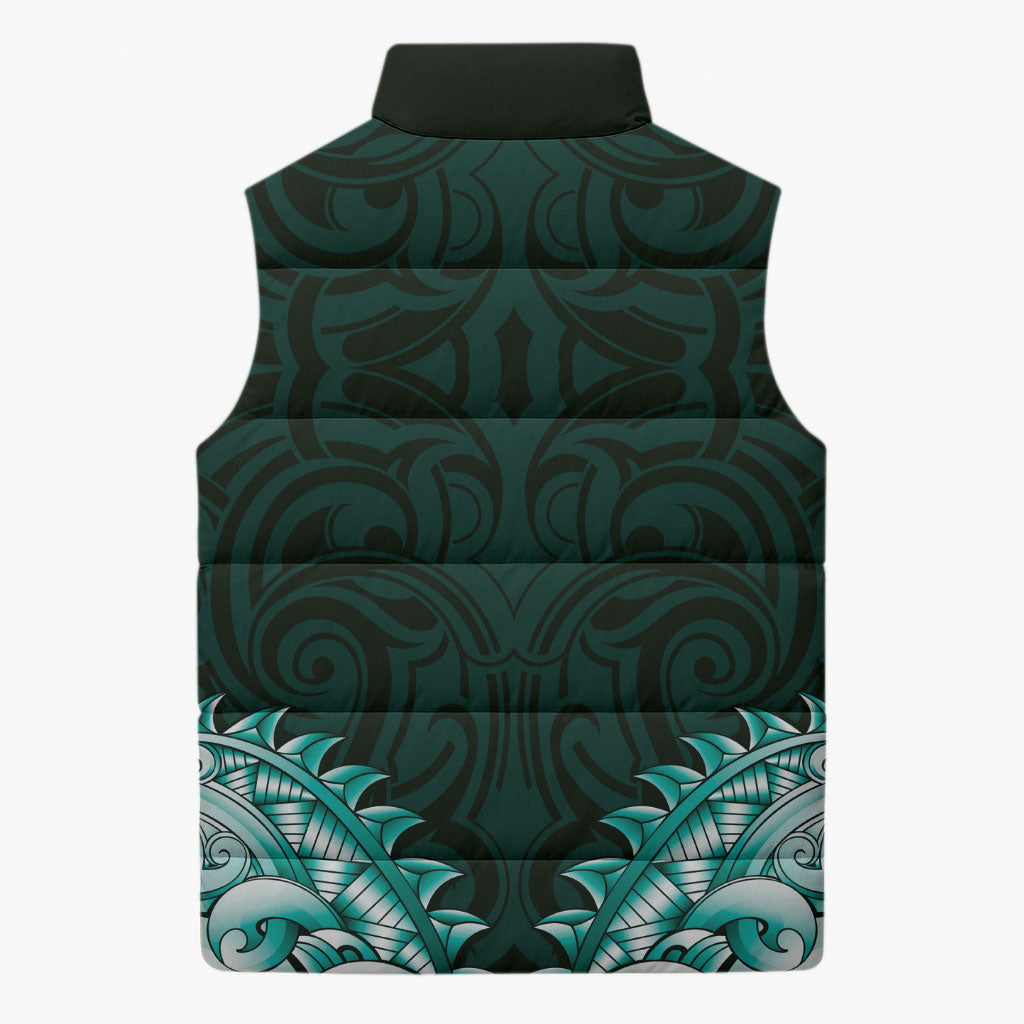 New Zealand Ta Moko Sleeveless Puffer Jacket Aotearoa Maori Chest Tattoo Turquoise