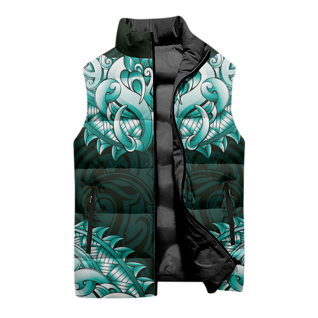 New Zealand Ta Moko Sleeveless Puffer Jacket Aotearoa Maori Chest Tattoo Turquoise