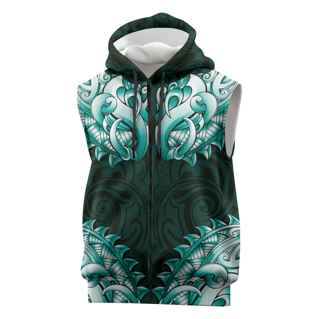New Zealand Ta Moko Sleeveless Zip Hoodie Aotearoa Maori Chest Tattoo Turquoise LT14 Turquoise - Polynesian Pride