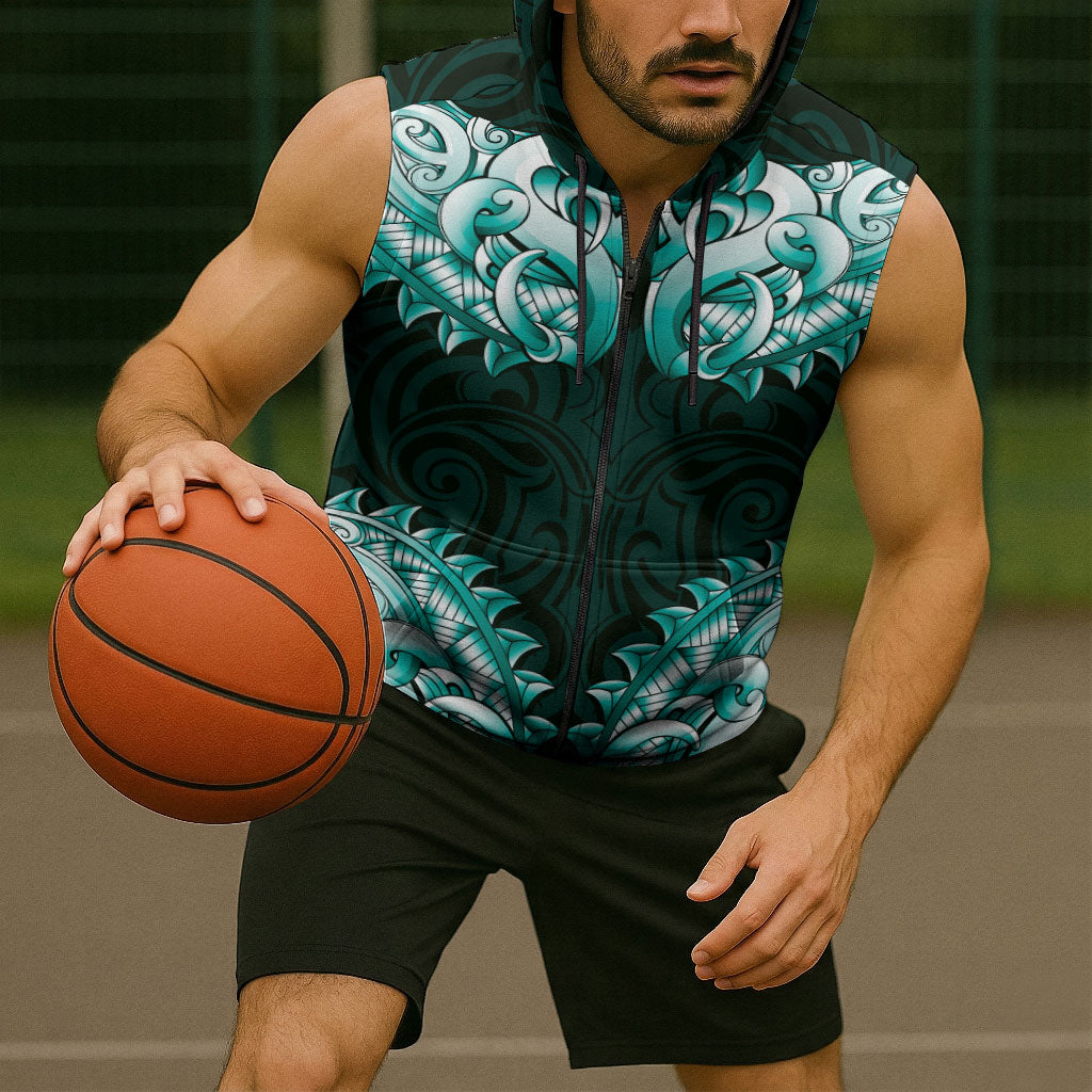 New Zealand Ta Moko Sleeveless Zip Hoodie Aotearoa Maori Chest Tattoo Turquoise