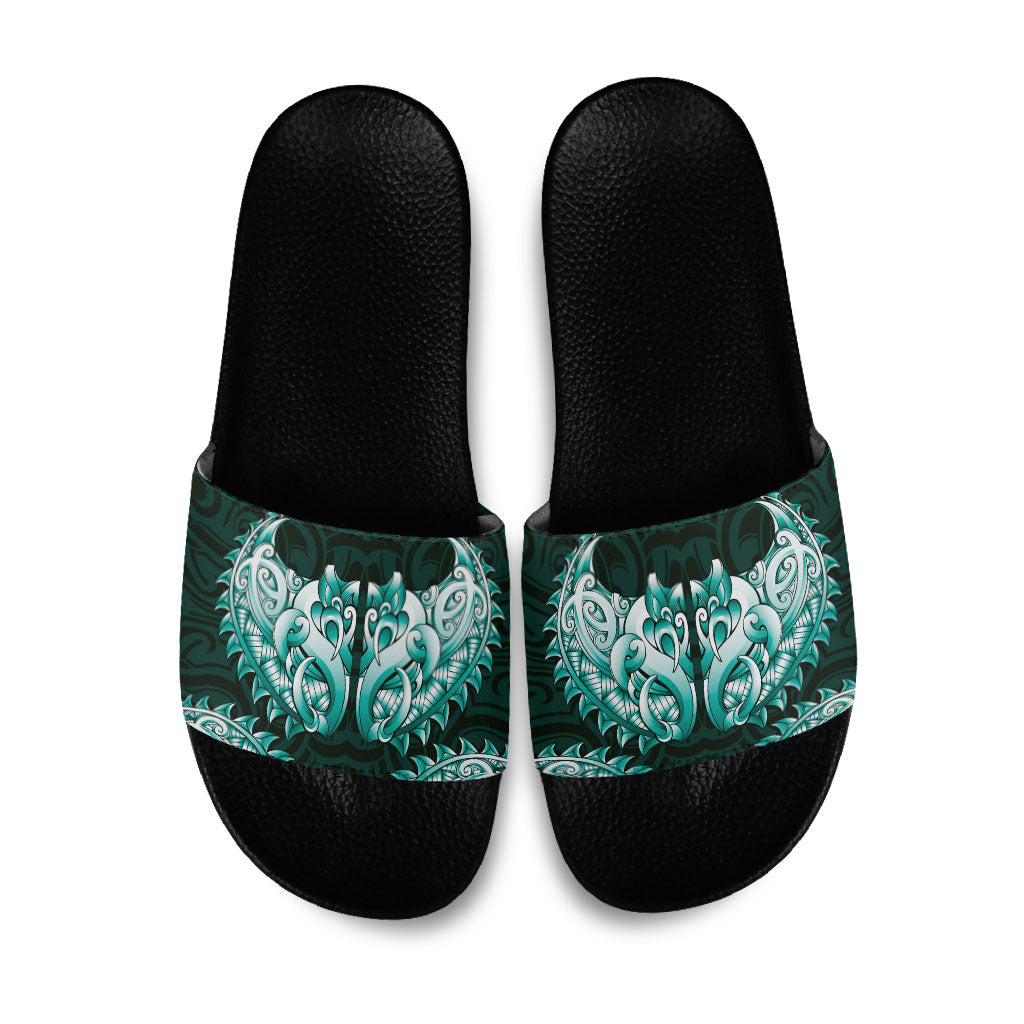 New Zealand Ta Moko Slide Sandals Aotearoa Maori Chest Tattoo Turquoise