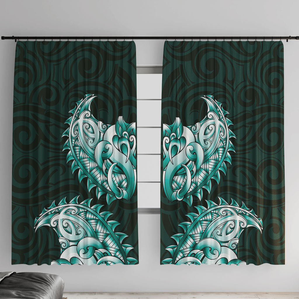 New Zealand Ta Moko Window Curtain Aotearoa Maori Chest Tattoo Turquoise LT14 With Hooks Turquoise - Polynesian Pride