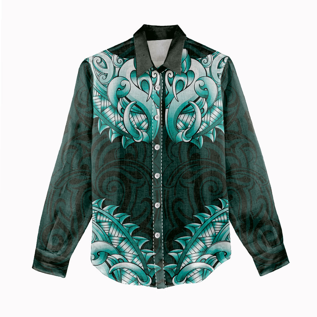 New Zealand Ta Moko Women Casual Shirt Aotearoa Maori Chest Tattoo Turquoise