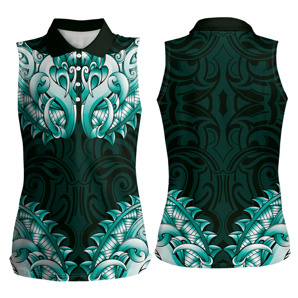 New Zealand Ta Moko Women Sleeveless Polo Shirt Aotearoa Maori Chest Tattoo Turquoise