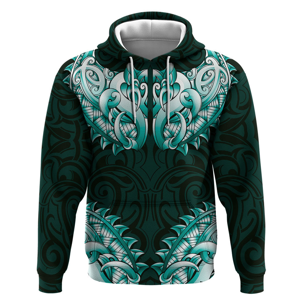 New Zealand Ta Moko Zip Hoodie Aotearoa Maori Chest Tattoo Turquoise