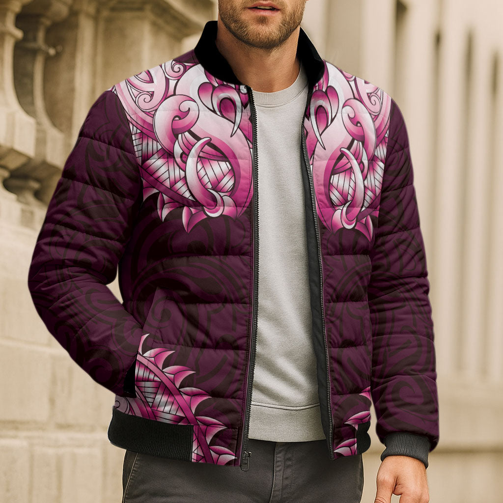 New Zealand Ta Moko Bomber Puffer Jacket Aotearoa Maori Chest Tattoo Pink