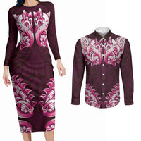 New Zealand Ta Moko Couples Matching Long Sleeve Bodycon Dress and Long Sleeve Button Shirt Aotearoa Maori Chest Tattoo Pink