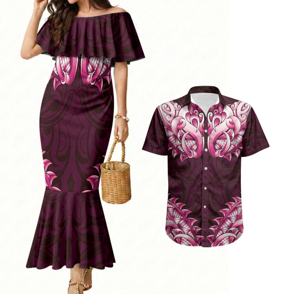 New Zealand Ta Moko Couples Matching Mermaid Dress and Hawaiian Shirt Aotearoa Maori Chest Tattoo Pink