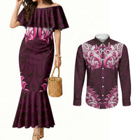 New Zealand Ta Moko Couples Matching Mermaid Dress and Long Sleeve Button Shirt Aotearoa Maori Chest Tattoo Pink