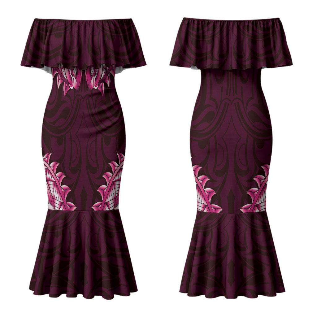 New Zealand Ta Moko Couples Matching Mermaid Dress and Long Sleeve Button Shirt Aotearoa Maori Chest Tattoo Pink