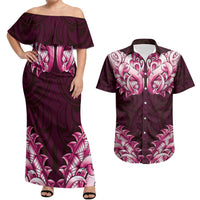 New Zealand Ta Moko Couples Matching Off Shoulder Maxi Dress and Hawaiian Shirt Aotearoa Maori Chest Tattoo Pink