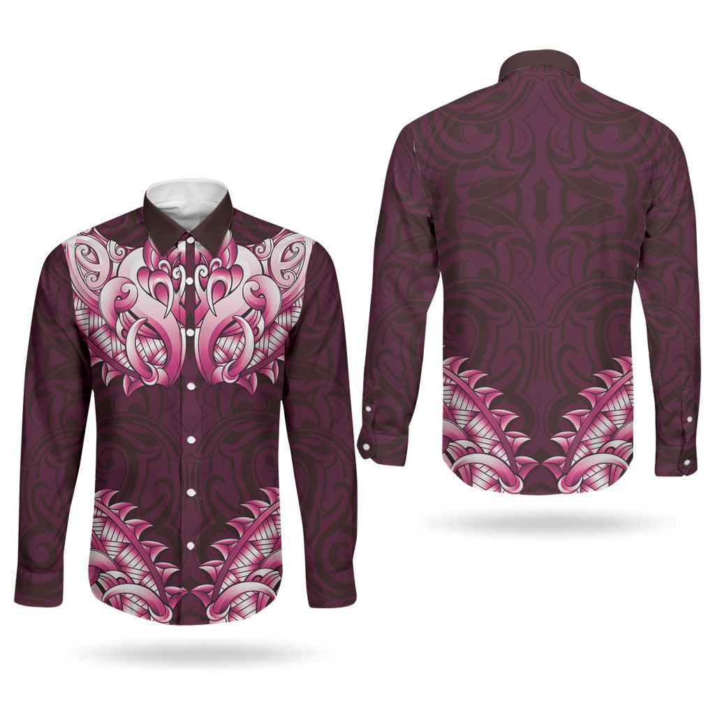 New Zealand Ta Moko Couples Matching Off Shoulder Maxi Dress and Long Sleeve Button Shirt Aotearoa Maori Chest Tattoo Pink