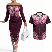 New Zealand Ta Moko Couples Matching Off The Shoulder Long Sleeve Dress and Hawaiian Shirt Aotearoa Maori Chest Tattoo Pink