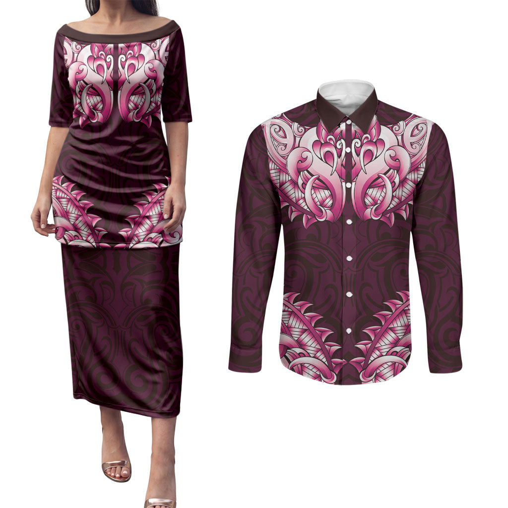 New Zealand Ta Moko Couples Matching Puletasi and Long Sleeve Button Shirt Aotearoa Maori Chest Tattoo Pink