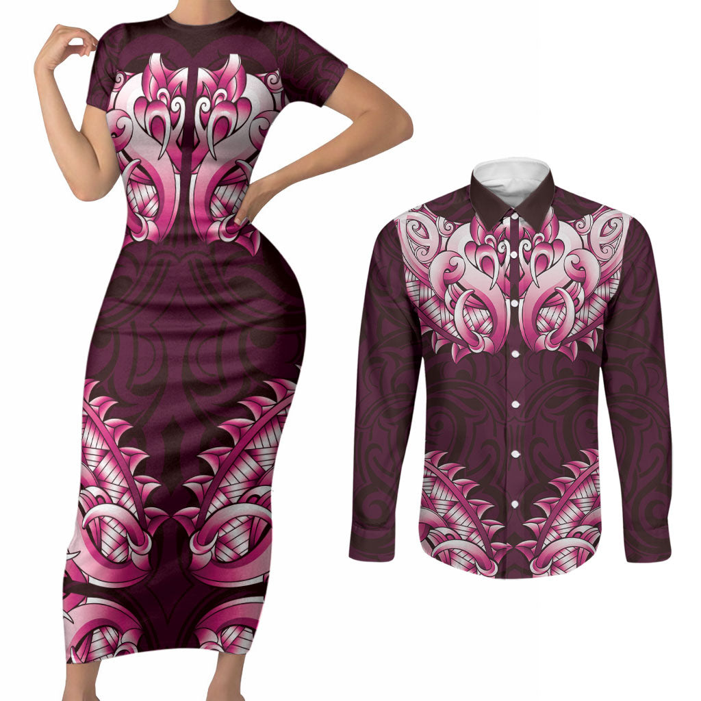 New Zealand Ta Moko Couples Matching Short Sleeve Bodycon Dress and Long Sleeve Button Shirt Aotearoa Maori Chest Tattoo Pink LT14 Pink - Polynesian Pride