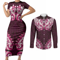 New Zealand Ta Moko Couples Matching Short Sleeve Bodycon Dress and Long Sleeve Button Shirt Aotearoa Maori Chest Tattoo Pink