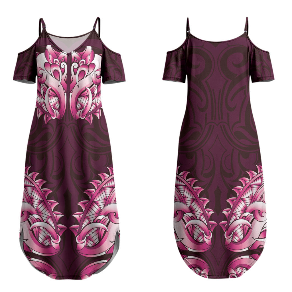 New Zealand Ta Moko Couples Matching Summer Maxi Dress and Long Sleeve Button Shirt Aotearoa Maori Chest Tattoo Pink