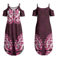 New Zealand Ta Moko Couples Matching Summer Maxi Dress and Long Sleeve Button Shirt Aotearoa Maori Chest Tattoo Pink