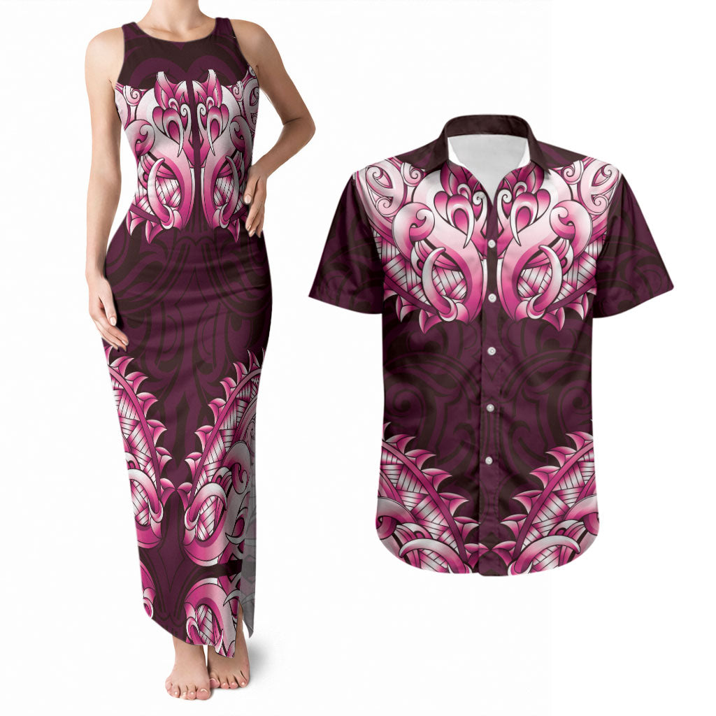 New Zealand Ta Moko Couples Matching Tank Maxi Dress and Hawaiian Shirt Aotearoa Maori Chest Tattoo Pink LT14 Pink - Polynesian Pride