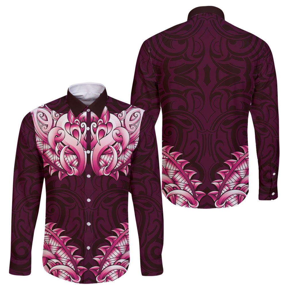 New Zealand Ta Moko Family Matching Long Sleeve Bodycon Dress and Hawaiian Shirt Aotearoa Maori Chest Tattoo Pink