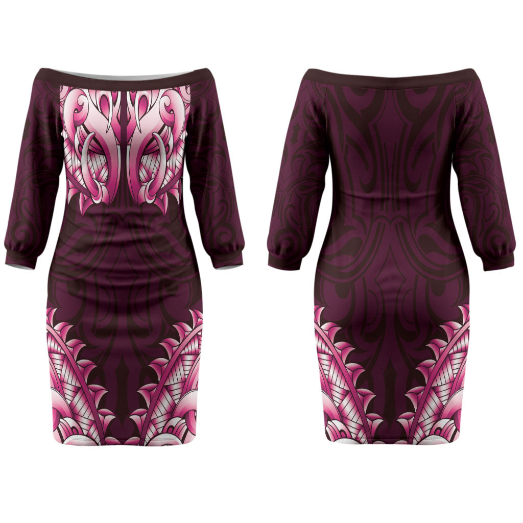 New Zealand Ta Moko Family Matching Off The Shoulder Long Sleeve Dress and Hawaiian Shirt Aotearoa Maori Chest Tattoo Pink